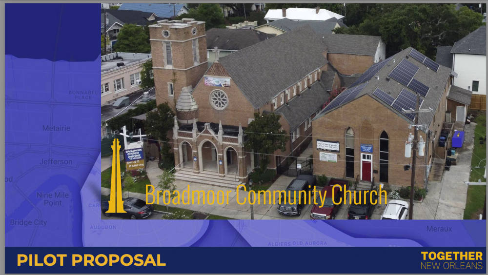 This artist rendering shows Broadmoor Community Church in New Orleans. As global warming produces more extreme weather a grassroots network is launching "Community Lighthouses" to meet the challenge of extended power outages. (Together New Orleans via AP)