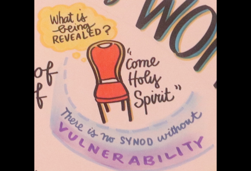 An illustration of an empty chair and the words "Come Holy Spirit" are featured on a graphic recording wall where concepts were captured in art the Sept. 22-23 Catholic Partnership Summit in Washington. (Courtesy of Leadership Roundtable) 