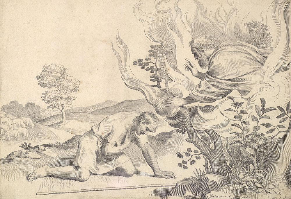 "Moses Before the Burning Bush" by Claude Mellan, a 1663 engraving (Metropolitan Museum of Art) "Moses Before the Burning Bush" by Claude Mellan, a 1663 engraving (Metropolitan Museum of Art)