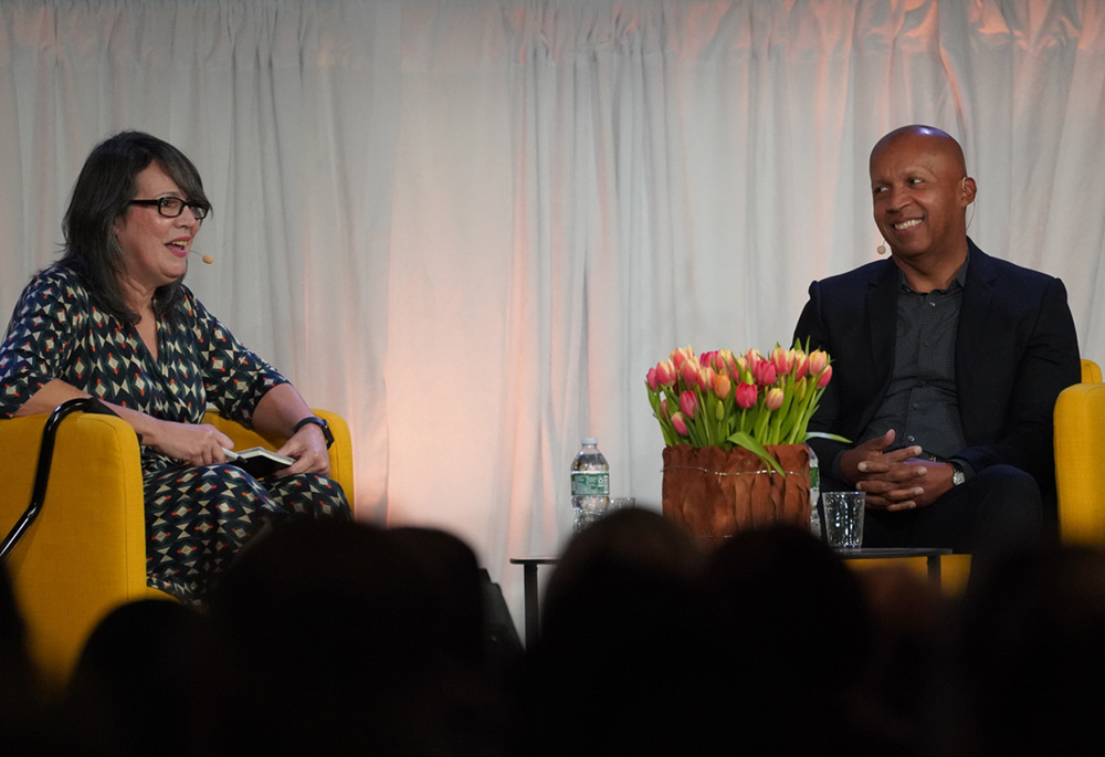 Esmeralda Negron and Bryan Stevenson speak during a panel Feb. 20 for the 2022 New York Encounter event. (Mariagustina Fabara Martinez)