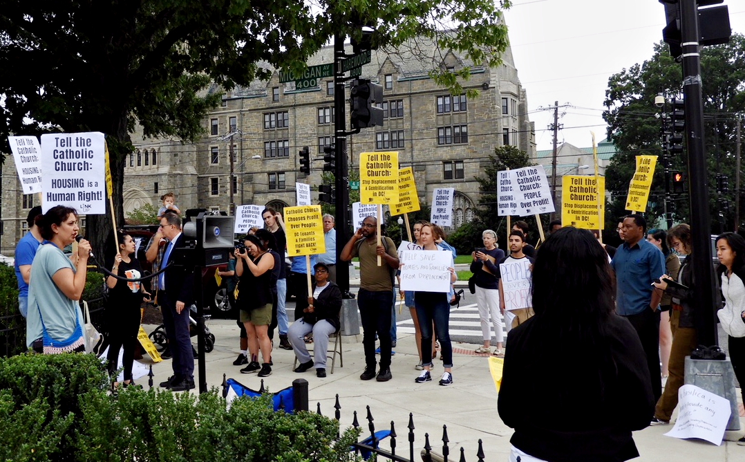 Tenants and their supporters rally outside of the Basilica of the National Shrine of the Immaculate Conception Sept. 16. (Courtesy of Justice First)