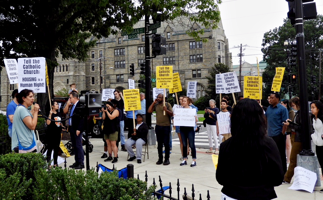 Tenants and their supporters rally outside of the Basilica of the National Shrine of the Immaculate Conception Sept. 16. (Courtesy of Justice First) Tenants and their supporters rally outside of the Basilica of the National Shrine of the Immaculate Conception Sept. 16. (Courtesy of Justice First)