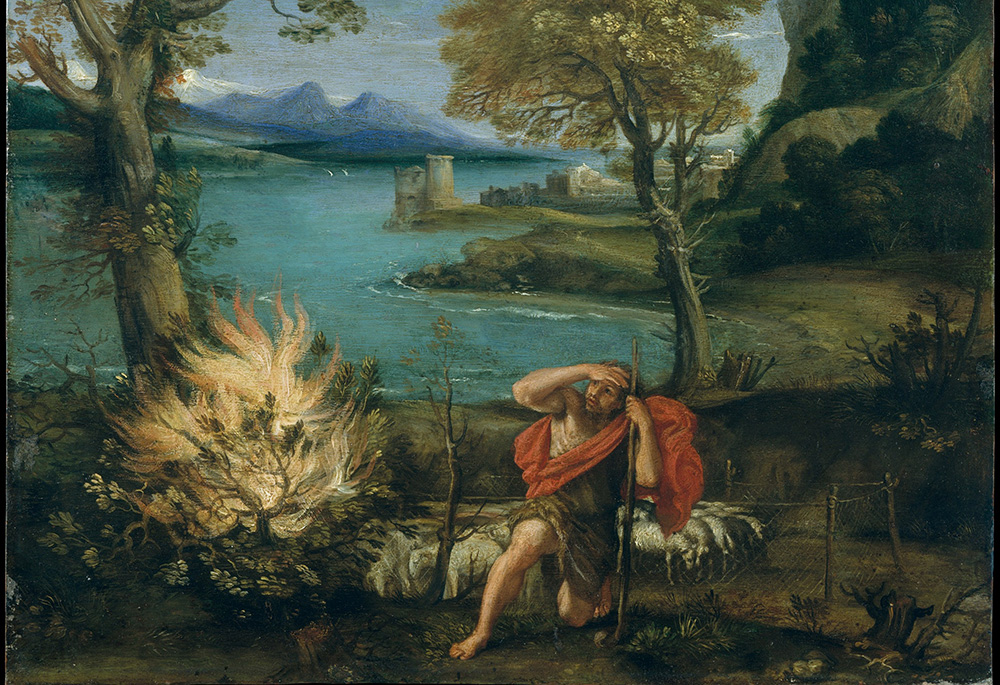 "Landscape with Moses and the Burning Bush" by Domenichino (Domenico Zampieri), a 1610-16 oil painting (Metropolitan Museum of Art)