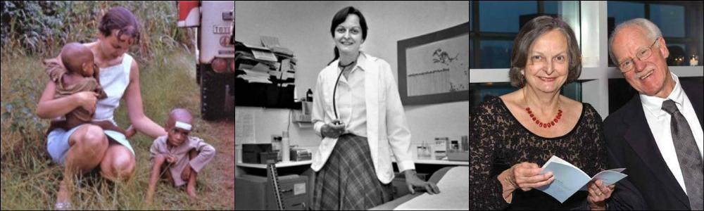 From left: Davida Coady in Biafra; as a pediatrician at the free clinic she started in Venice, California; with her husband, Tom Gorham (Photos courtesy of Coady-Gorham family)