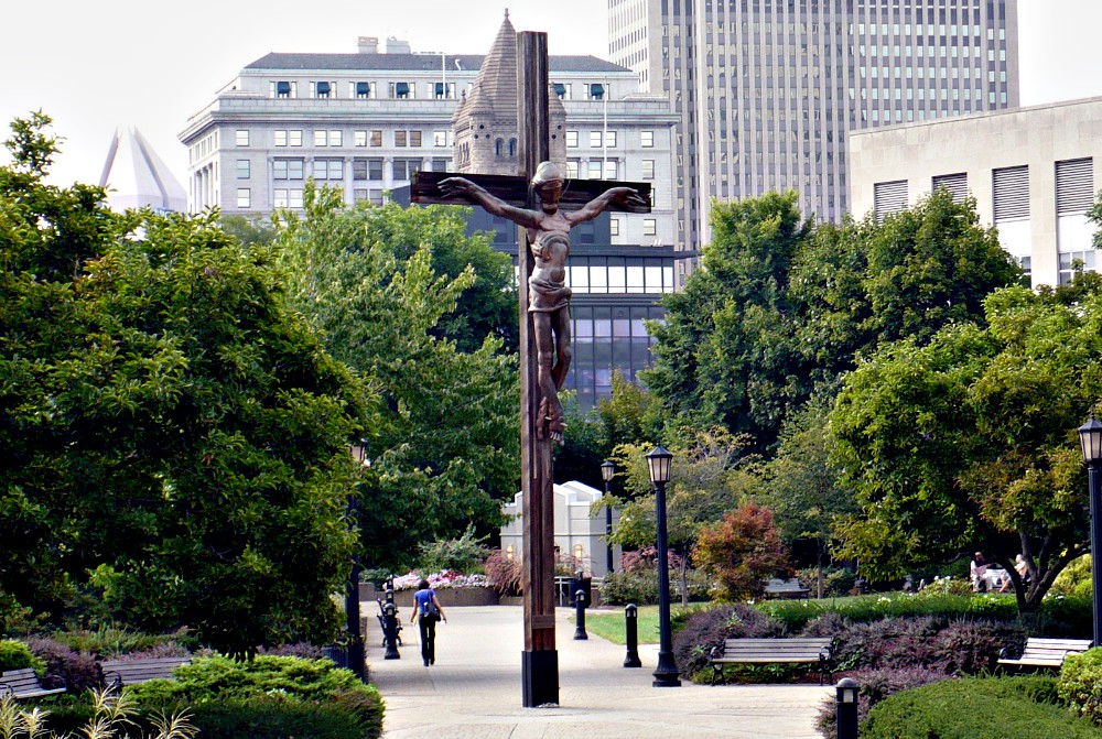 A crucifix created by Austrian artist Jos Pirkner is seen on the campus of Duquesne University in Pittsburgh. (Wikimedia Commons/Alekjds)