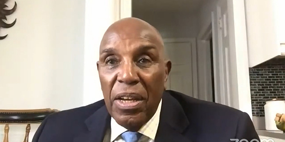 The Rev. Gerald Durley, chair of the Interfaith Power & Light board of directors and pastor emeritus of Providence Missionary Baptist Church in Atlanta, speaks during the April 28 webinar. (NCR screenshot)