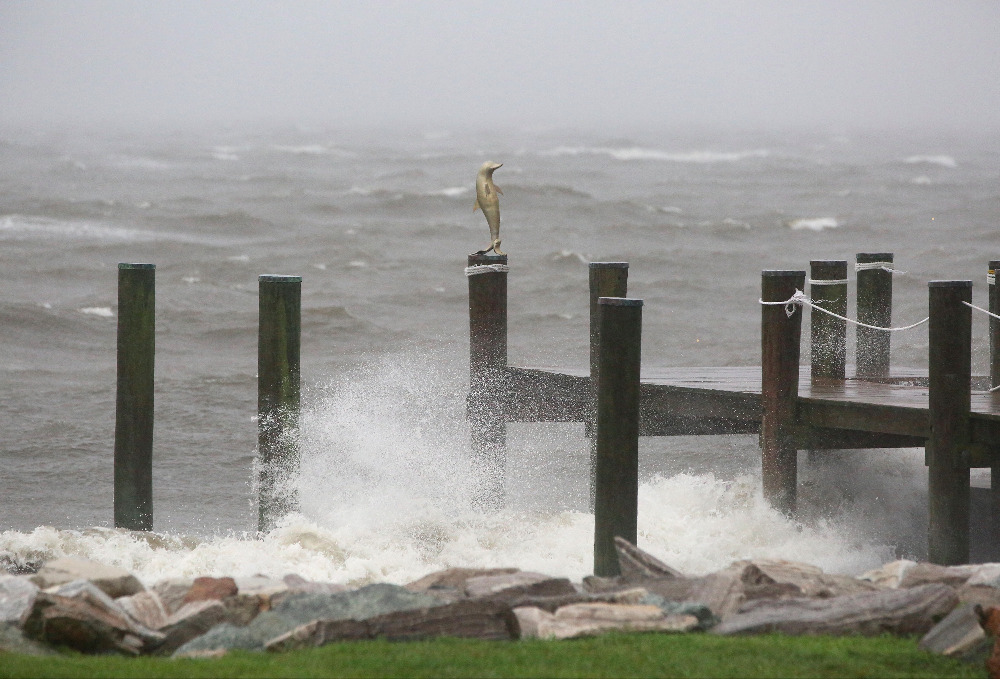 Water splashes on rocks in Maryland's Chesapeake Bay during Tropical Storm Isaias Aug. 4, 2020. (CNS photo/Bob Roller)