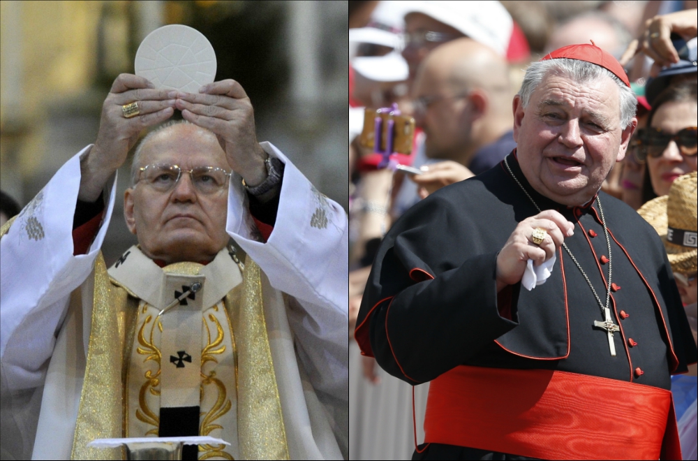 Left: Cardinal Peter Erdo of Esztergom-Budapest, Hungary, celebrates Christmas Mass in 2016 (CNS/EPA/Attila Kovacs). Right: Czech Cardinal Dominik Duka of Prague in St. Peter's Square at the Vatican in May 2017 (CNS/Paul Haring).