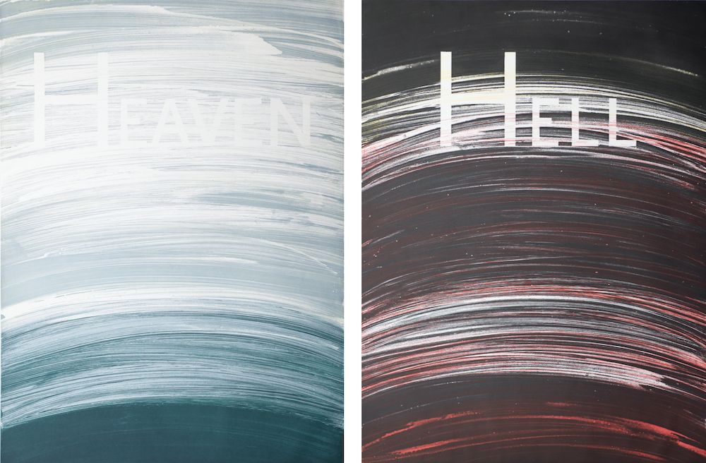 Left: "Heaven" by Ed Ruscha, edition 5/25, soap ground aquatint, 1988, 54” x 40 3/8"; Right: "Hell" by Ed Ruscha, edition 5/25, soap ground aquatint, 1988, 54" x 40 7/16" (Courtesy of Ed Ruscha Studio)