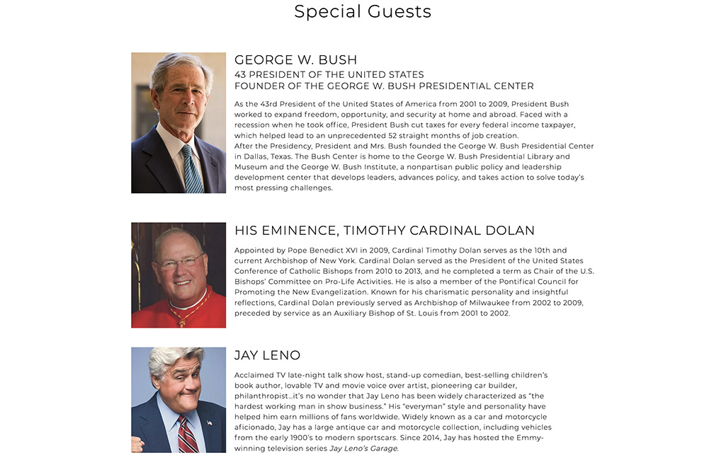 A guest list that includes former President George W. Bush, Cardinal Timothy Dolan and comedian Jay Leno is seen on the website for the Oct. 28-31 FOCUS Founder's Forum. (NCR screenshot)
