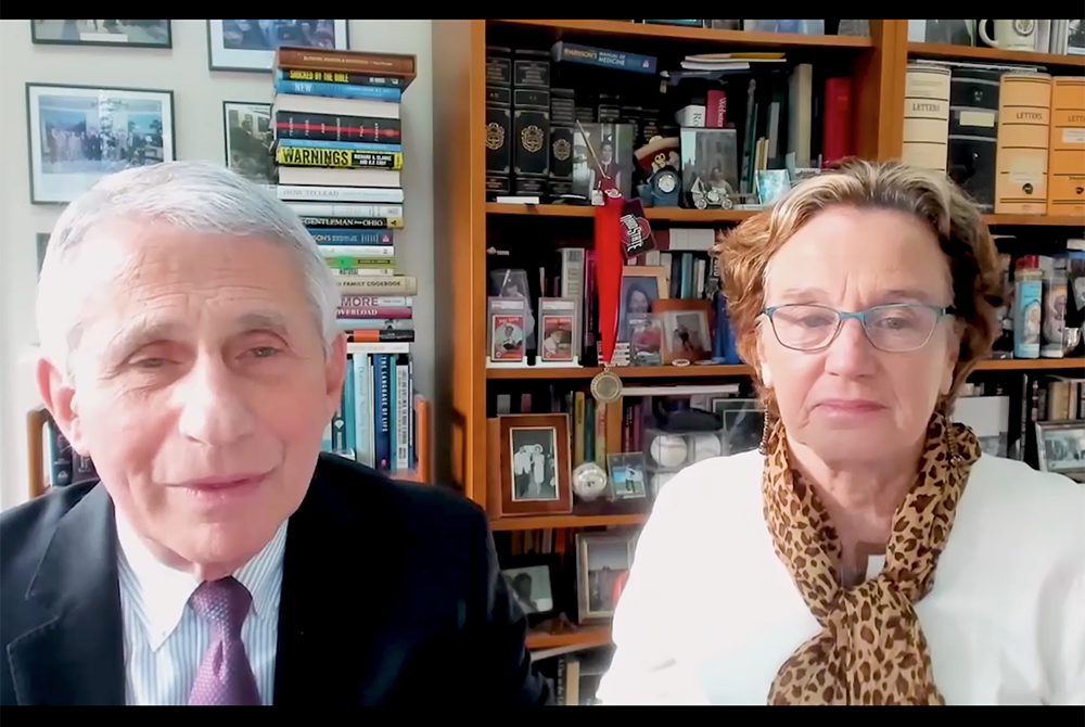 Anthony Fauci and Christine Grady give remarks as they jointly accept Catholic Theological Union's 2021 "Blessed are the Peacemakers" award. (NCR screenshot)