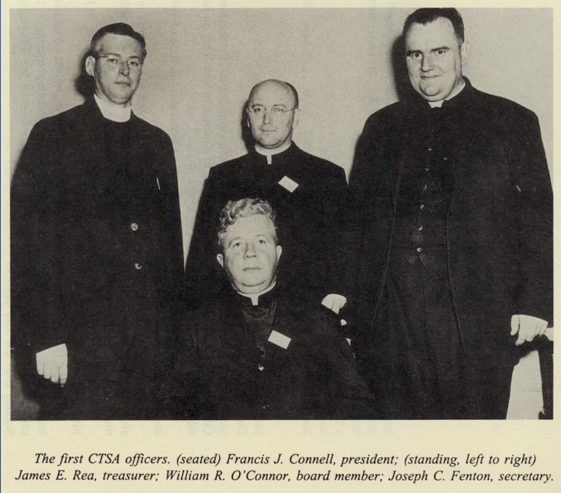 Catholic Theological Society of America's first officers are pictured in a photo; from left, standing, are James E. Rea; William R. O'Connor; and Joseph C. Fenton; Francis J. Connell is seated. (Courtesy of CTSA)