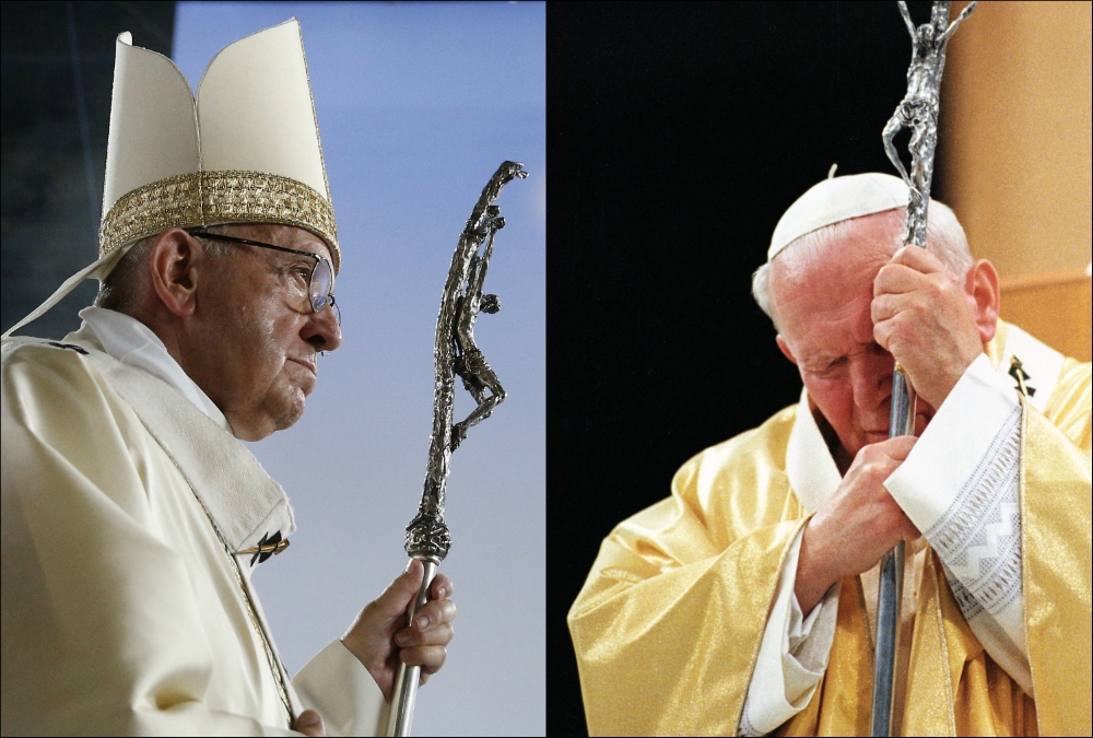 Right, Pope Francis in Geneva in June (CNS/Paul Haring); left, Pope John Paul II in St. Louis in 1999 (CNS/Nancy Wiechec)