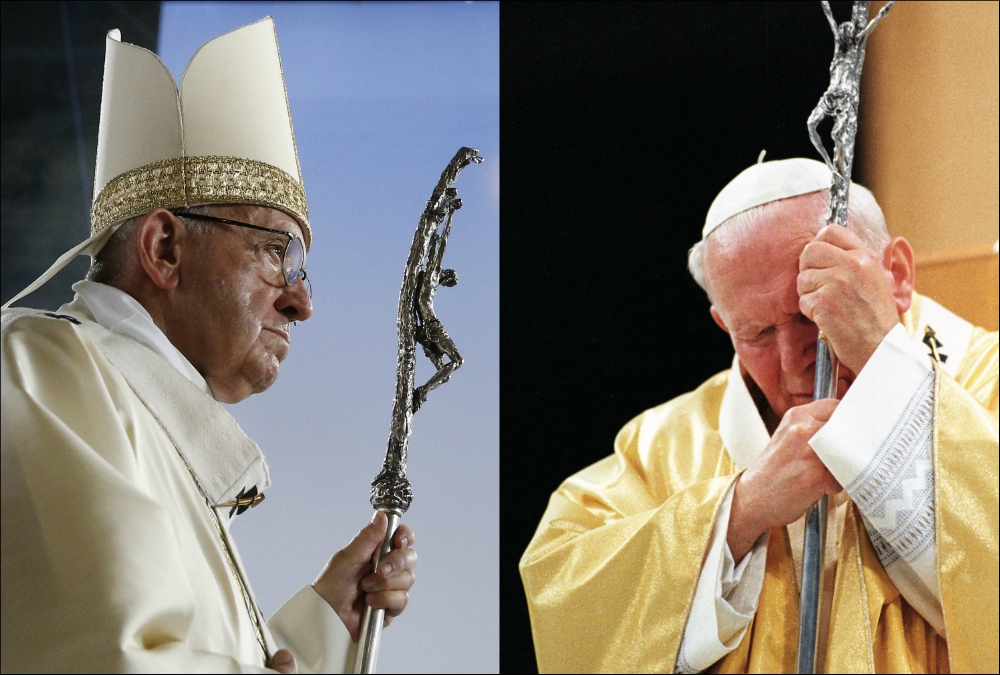 Right, Pope Francis in Geneva in June (CNS/Paul Haring); left, Pope John Paul II in St. Louis in 1999 (CNS/Nancy Wiechec) Right, Pope Francis in Geneva in June (CNS/Paul Haring); left, Pope John Paul II in St. Louis in 1999 (CNS/Nancy Wiechec)