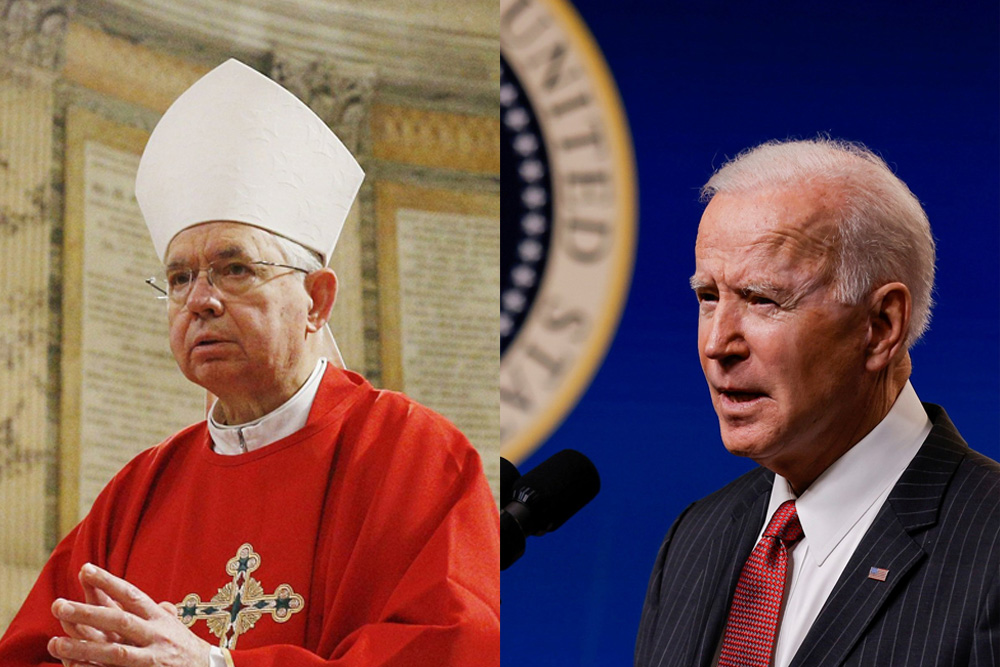 Los Angeles Archbishop José Gomez, president of the U.S. Conference of Catholic Bishops, in Rome in January 2020 (CNS/Paul Haring); U.S. President Joe Biden at the White House in Washington Feb. 10, 2021 (CNS/Reuters/Carlos Barria)