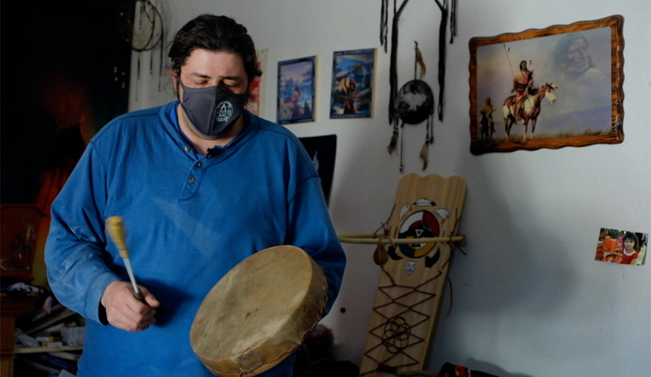 Jason Goward practices traditional Ojibwe hand drum songs. (Photo by Mary Annette Pember, Indian Country Today) Jason Goward practices traditional Ojibwe hand drum songs. (Photo by Mary Annette Pember, Indian Country Today)
