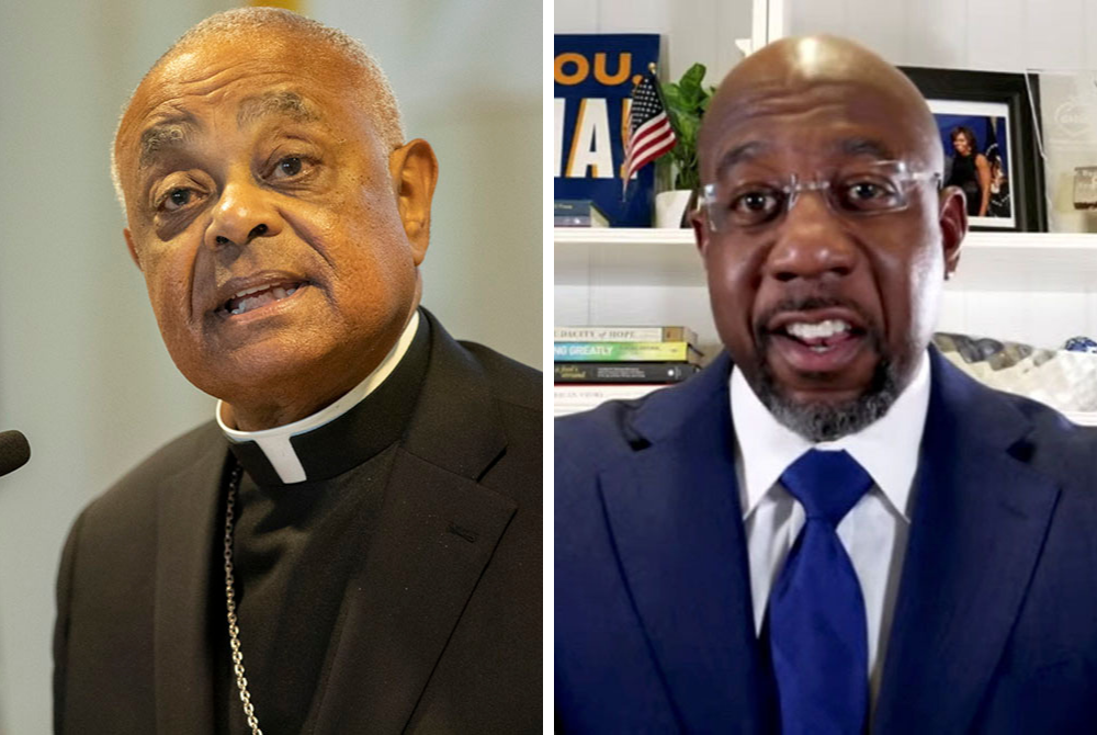 Cardinal Wilton Gregory and Sen.-elect Raphael Warnock are seen in this composite photo (NCR composite/CNS photos/Jaclyn Lippelmann, Catholic Standard; Warnock for Georgia, Social Media via Reuters)