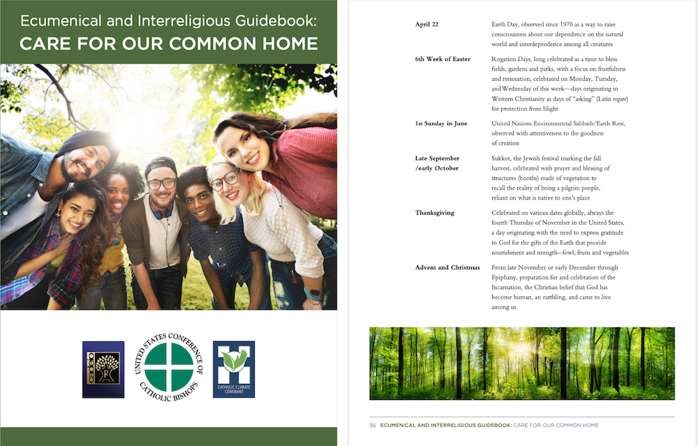 The cover of "Ecumenical and Interreligious Guidebook: Care for Our Common Home," left, and Page 36, part of a list of dates for ecological observances and conversation (NCR screenshots/Catholic Association of Diocesan Ecumenical and Interreligious Office