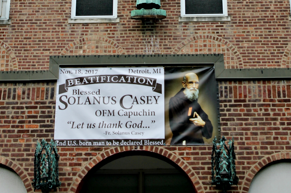 A banner celebrating Capuchin Fr. Solanus Casey's beatification is seen at the Capuchin Youth and Family Ministry in Garrison, New York. (Andrew Pugliese)