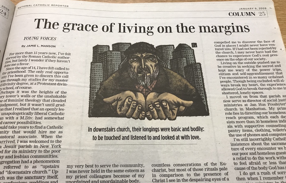 Jamie Manson's first column for National Catholic Reporter is seen on the pages of the Jan. 9, 2009, print edition. (NCR photo/Teresa Malcolm)