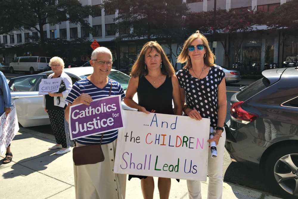 Marie Dennis, Maureen Roden and Sandy Greene outside the Cathedral of St. Matthew the Apostle in Washington, D.C., Aug. 26 (Julie Bourbon) Marie Dennis, Maureen Roden and Sandy Greene outside the Cathedral of St. Matthew the Apostle in Washington, D.C., Aug. 26 (Julie Bourbon)