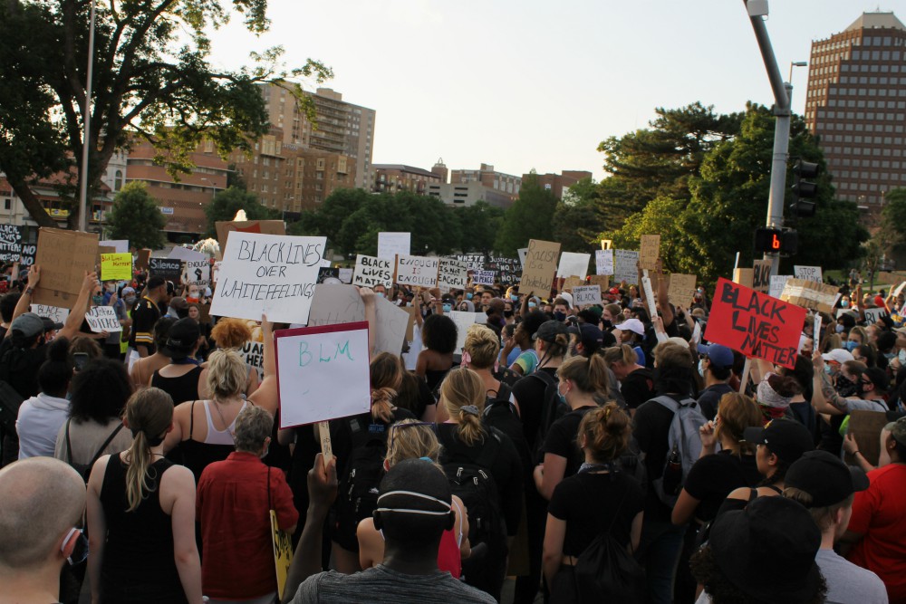 Protesters against systemic racism gather in the street on the Country Club Plaza in Kansas City, Missouri, June 3. (NCR photo/Brian Roewe)