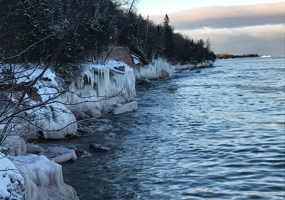 For Indigenous peoples of the Great Lakes Basin, including Lake Superior, shown here, midwinter is the "time of the Hunger Moon." (Courtesy of Cedar Tree Institute)
