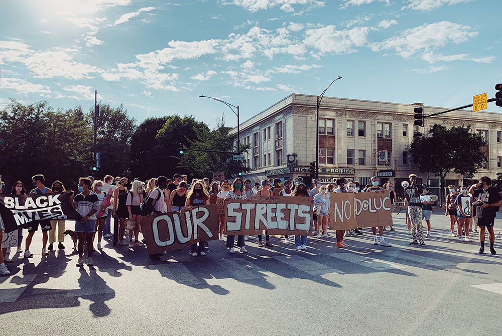 Our Streets LUC demonstrates outside the campus of Loyola University Chicago on Aug. 22. The group has been fighting for the school to cut ties with the Chicago Police Department, among other reforms. (Courtesy of Our Streets LUC)