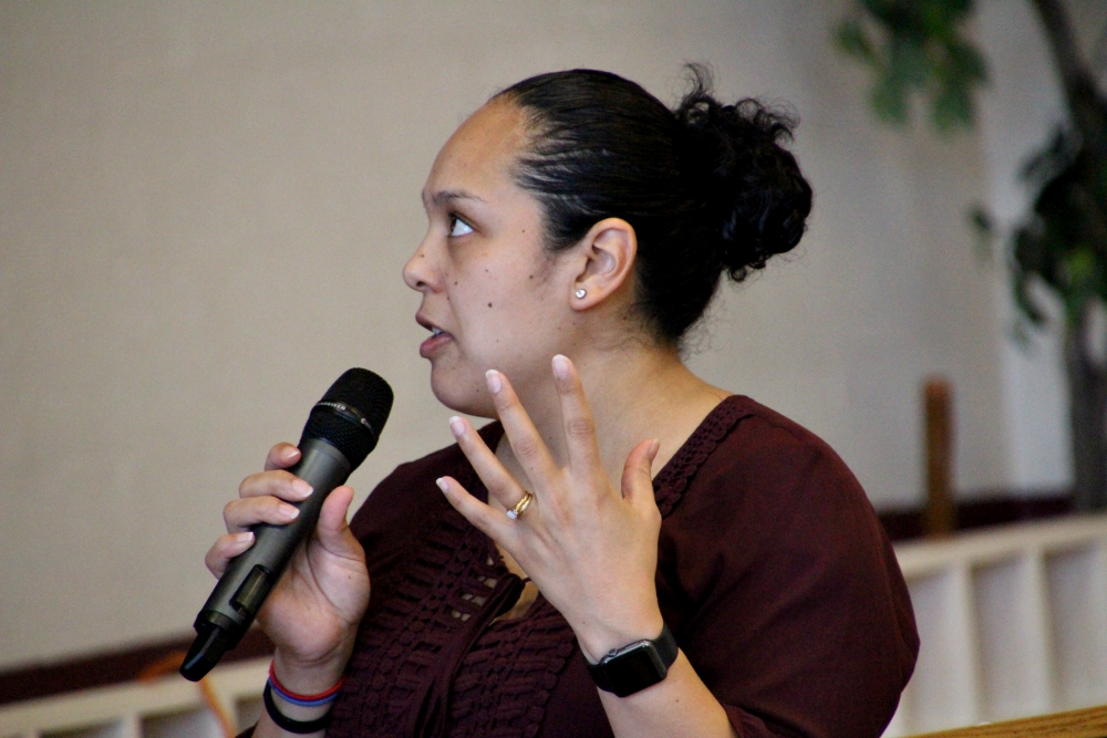 Nichole Flores, assistant professor of religious studies at the University of Virginia, addresses a workshop on racism and white supremacy Jan. 20 at the Church of the Incarnation in Charlottesville, Virginia. (James C. Webster)