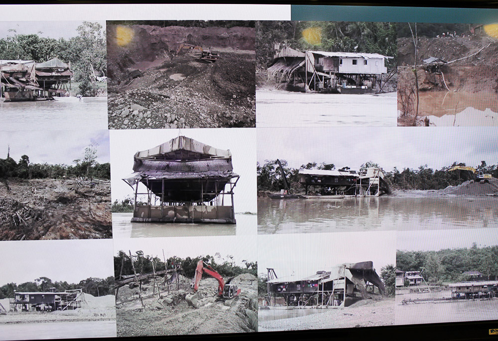 A collage of images depicts the effects of large-scale mining and logging on the Atrato River region in Colombia during an event at the University of Glasgow, in Scotland, Nov. 3 during the COP26 United Nations climate change conference. (NCR) A collage of images depicts the effects of large-scale mining and logging on the Atrato River region in Colombia during an event at the University of Glasgow, in Scotland, Nov. 3 during the COP26 United Nations climate change conference. (NCR)