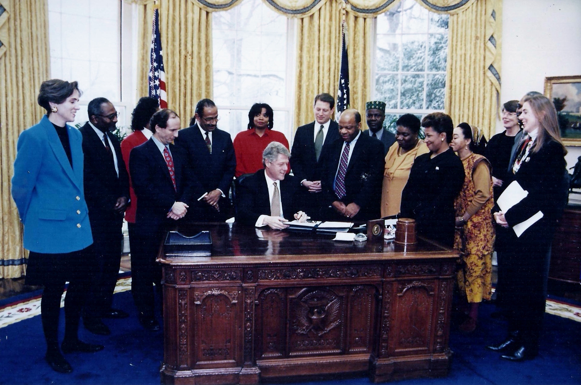 Hazel Johnson, fifth from right, joins other environmental activists Feb. 16, 1994, in the Oval Office of the White House as President Bill Clinton signs Executive Order 12898, which directed the EPA and federal government to identify at-risk communities Hazel Johnson, fifth from right, joins other environmental activists Feb. 16, 1994, in the Oval Office of the White House as President Bill Clinton signs Executive Order 12898, which directed the EPA and federal government to identify at-risk communities