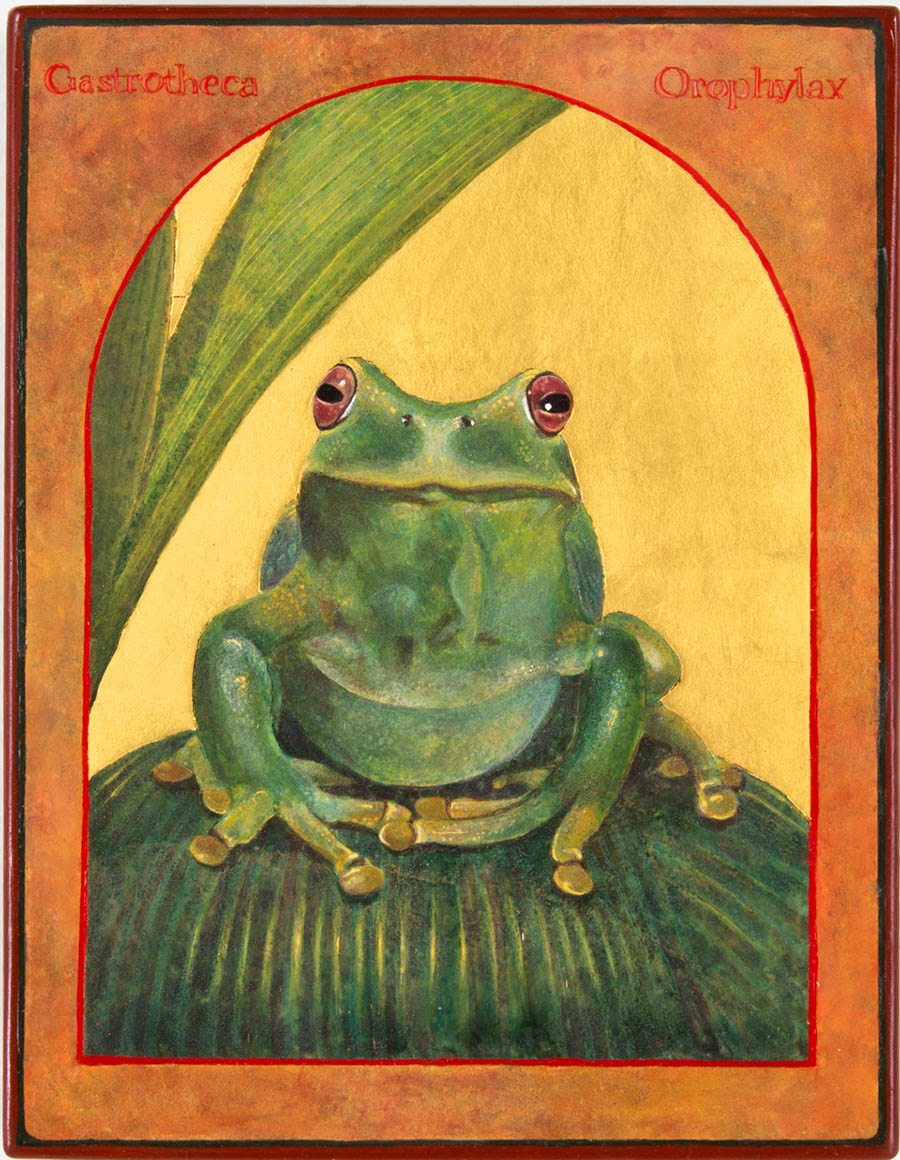 "Gastrotheca Orophylax, The Marsupial Frog," Angela Manno, egg tempera and gold leaf on wood (Courtesy of the artist) "Gastrotheca Orophylax, The Marsupial Frog," Angela Manno, egg tempera and gold leaf on wood (Courtesy of the artist)