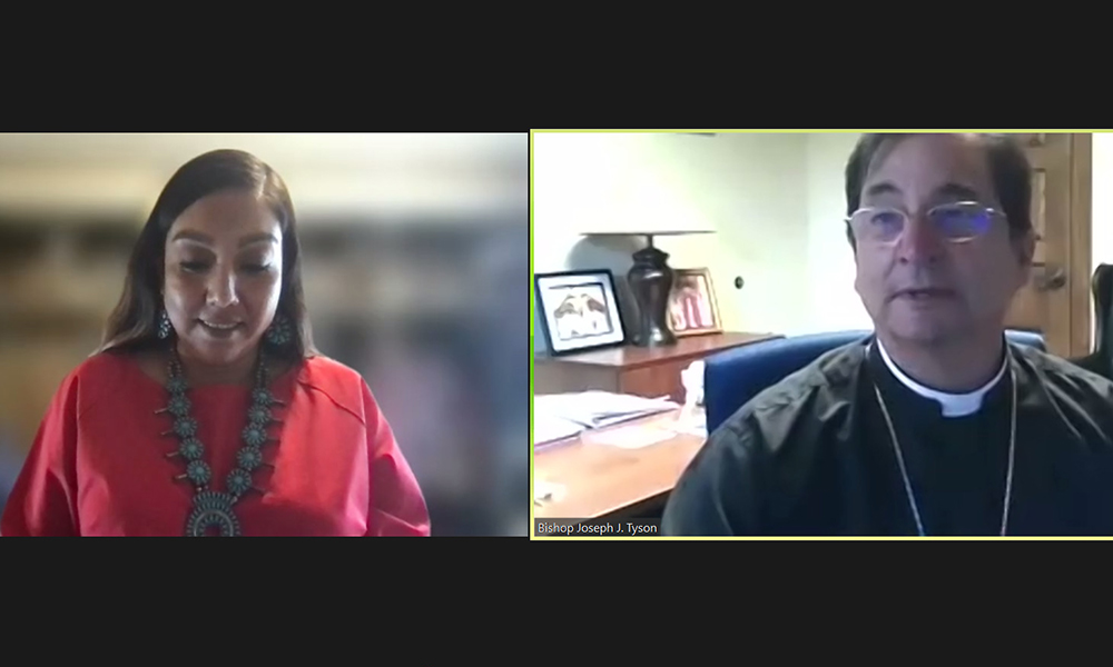 Bishop Joseph Tyson of Yakima, Washington, leads a reflection on St. Kateri Tekawitha July 14, during the "Laudato Si' and the U.S. Catholic Church" conference. Also pictured is Teresa Tsosie, a member of the Navajo Nation in Arizona. (NCR screenshot)