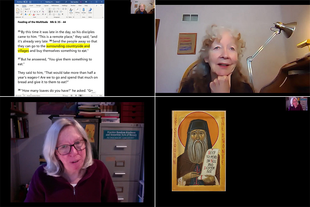 Speakers for the 2021 "Sacred Heart Gathering for Peace and Justice," held on Zoom Feb. 20, included author Kathy Kelly (top row), and Nancy Forest-Flier (bottom row), who read the speech her husband, Jim Forest, had prepared. (NCR screenshots)