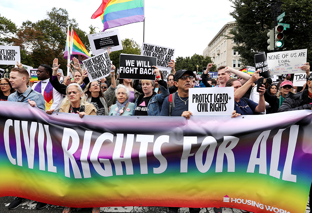 Pictured in this Oct. 8, 2019, file photo are LGBT activists block the street outside the U.S. Supreme Court in Washington. (CNS/Reuters/Jonathan Ernst) Pictured in this Oct. 8, 2019, file photo are LGBT activists block the street outside the U.S. Supreme Court in Washington. (CNS/Reuters/Jonathan Ernst)