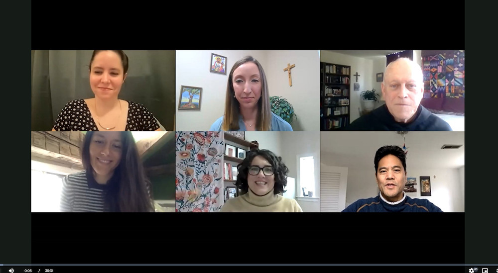 Catholics highlighted work to advance Pope Francis' encyclical Laudato Si' in the U.S. during a prerecorded video featured during the 2021 Catholic Social Ministry Gathering: Anna Robertson, Kayla Jacobs, Augustinian Fr. Arthur Purcaro and Jose Aguto. (NC Catholics highlighted work to advance Pope Francis' encyclical Laudato Si' in the U.S. during a prerecorded video featured during the 2021 Catholic Social Ministry Gathering: Anna Robertson, Kayla Jacobs, Augustinian Fr. Arthur Purcaro and Jose Aguto. (NC