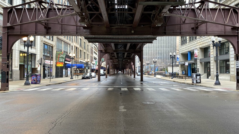 Empty streets in downtown Chicago on March 23 during the coronavirus pandemic (Wikimedia Commons/Raed Mansour)