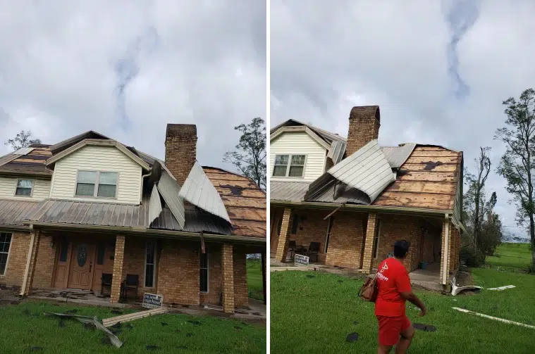 Sharon Lavigne inspects her storm-damaged home in St. James Parish, Louisiana, on Monday, Aug. 30, 2021. (DeSmog/Photos courtesy of RISE St. James)