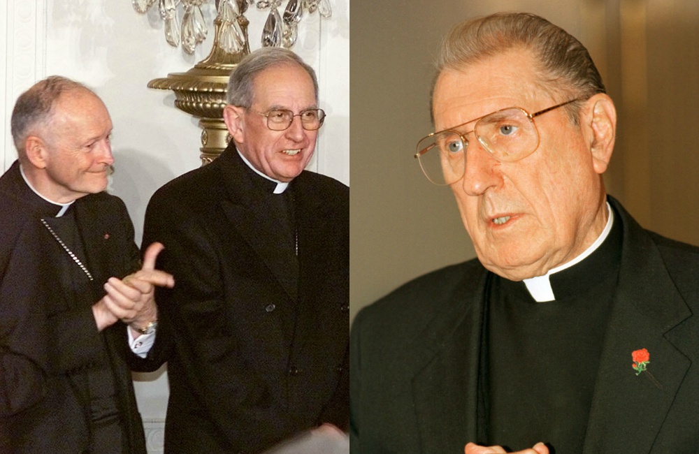 Left: Theodore McCarrick, then cardinal archbishop of Washington, D.C., and Archbishop Gabriel Montalvo, then papal nuncio to the U.S., at the White House in March 2001 (CNS/Reuters). Right: New York Cardinal John O'Connor in 1999 (CNS/Nancy Wiechec).