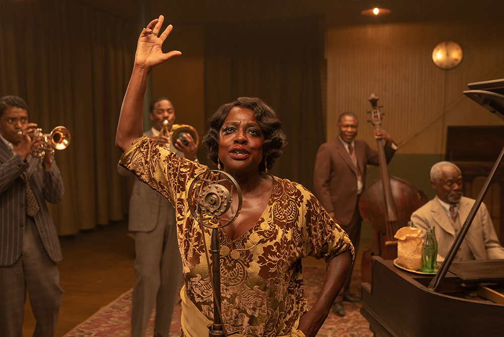 Chadwick Boseman as Levee, Colman Domingo as Cutler, Viola Davis as Ma Rainey, Michael Potts as Slow Drag and Glynn Turman as Toledo in "Ma Rainey's Black Bottom." (David Lee/Netflix) Chadwick Boseman as Levee, Colman Domingo as Cutler, Viola Davis as Ma Rainey, Michael Potts as Slow Drag and Glynn Turman as Toledo in "Ma Rainey's Black Bottom." (David Lee/Netflix)