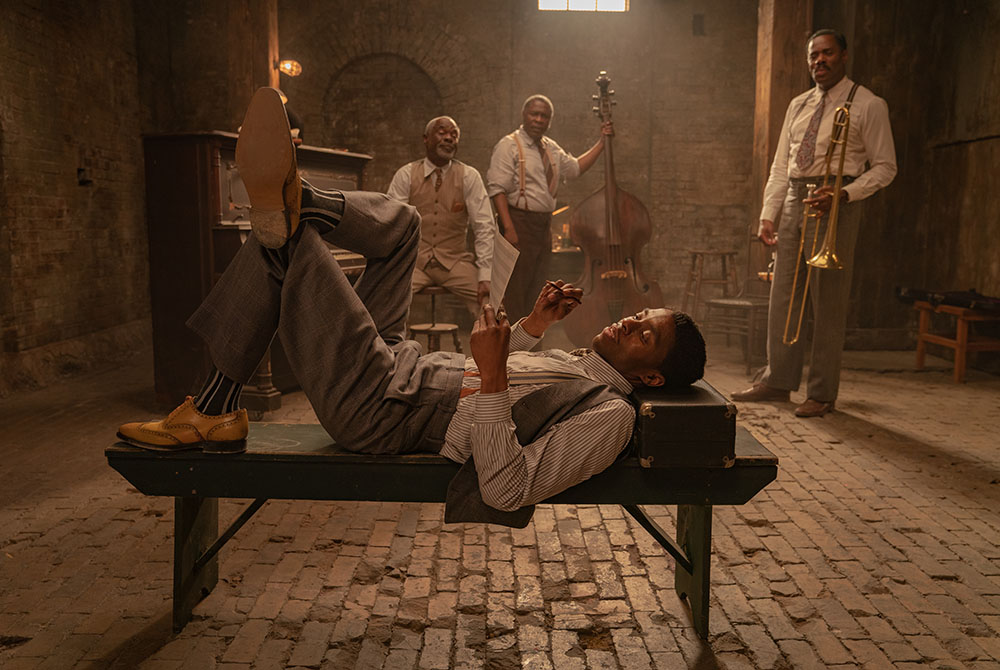 From left: Chadwick Boseman as Levee, Glynn Turman as Toledo, Michael Potts as Slow Drag, Colman Domingo as Cutler, in a still from "Ma Rainey's Black Bottom" (David Lee/Netflix) From left: Chadwick Boseman as Levee, Glynn Turman as Toledo, Michael Potts as Slow Drag, Colman Domingo as Cutler, in a still from "Ma Rainey's Black Bottom" (David Lee/Netflix)
