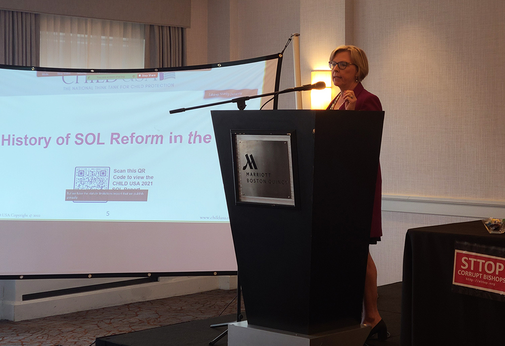 Professor Marci Hamilton, founder and CEO of Child USA, discusses statute of limitations reforms during a presentation at a June 4 conference in Quincy, Massachusetts, titled, "Pivot to the Future: Marking 20 Years of Confronting Clergy Sex Abuse." (NCR)