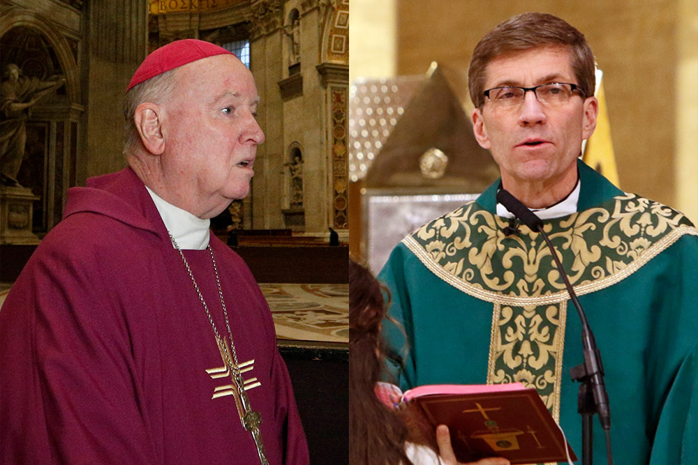 Left: Bishop W. Francis Malooly at the Vatican in December 2019 (CNS/Paul Haring). Right: Msgr. William Koenig in Rockville Centre, New York, in January 2019 (CNS/Gregory A. Shemitz).