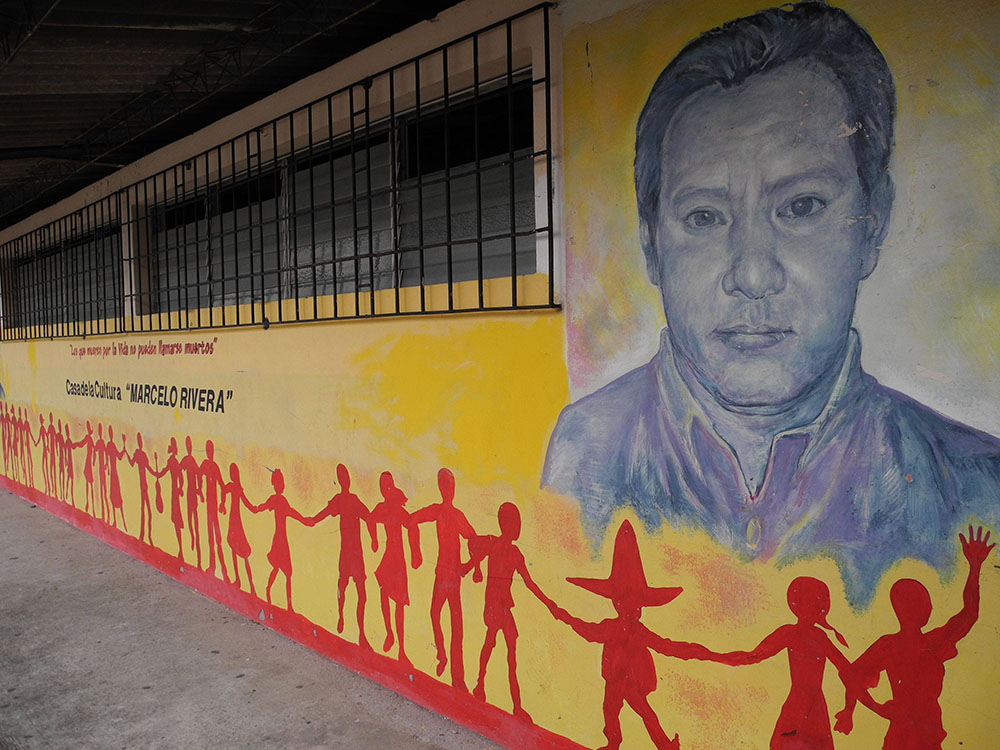 A mural of the late water defender Marcelo Rivera on the Casa de Cultura in San Isidro, Cabañas, El Salvador (MiningWatch)