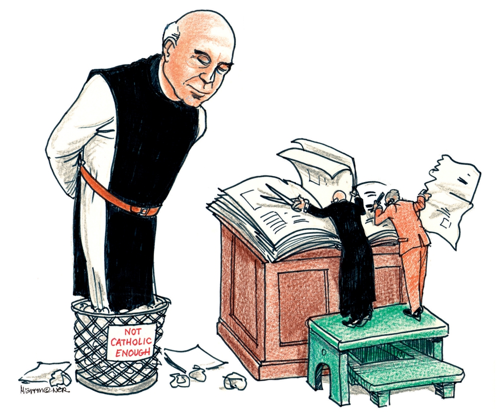 A cartoon from National Catholic Reporter's issue of March 11, 2005, illustrates the controversy over Thomas Merton's removal from a Catholic catechism for young adults. (NCR illustration/Pat Marrin) A cartoon from National Catholic Reporter's issue of March 11, 2005, illustrates the controversy over Thomas Merton's removal from a Catholic catechism for young adults. (NCR illustration/Pat Marrin)