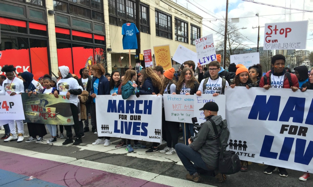 The lead demonstrators in Seattle's March for Our Lives on March 24 (St. Joseph of Peace Sr. Susan DeWitt)