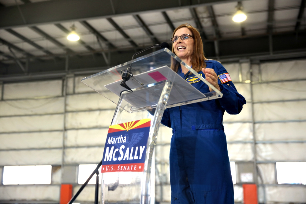 Arizona Rep. Martha McSally speaks with supporters at the announcement of her U.S. Senate campaign at the Swift Aviation Hangar in Phoenix Jan. 12. (Wikimedia Commons/Gage Skidmore)