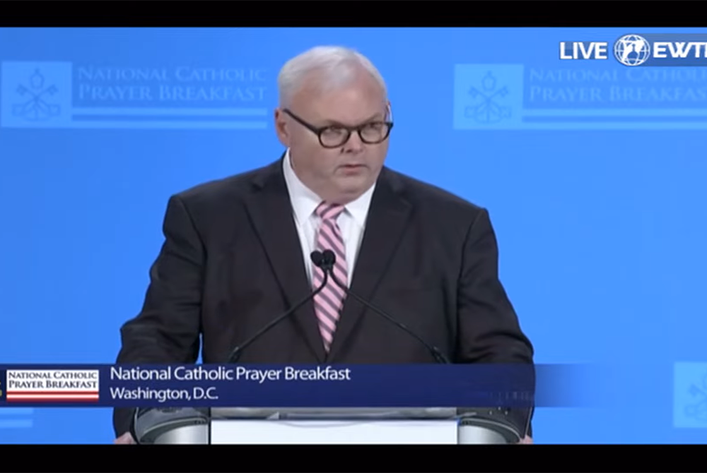 William McGurn, a former speechwriter for President George W. Bush, accepts the Christifideles Laici Award on behalf of Hong Kong businessman and activist Jimmy Lai, the 2021 recipient who is imprisoned in Hong Kong. (NCR screenshot)