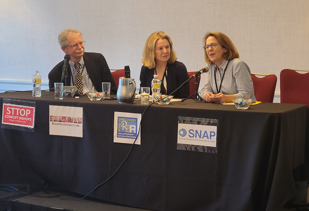 From left: Terence McKiernan, Margery Eagan, and Anne Barrett Doyle speak during a panel discussion at a June 4 conference in Quincy, Massachusetts, which was titled, "Pivot to the Future: Marking 20 Years of Confronting Clergy Sex Abuse." (NCR) From left: Terence McKiernan, Margery Eagan, and Anne Barrett Doyle speak during a panel discussion at a June 4 conference in Quincy, Massachusetts, which was titled, "Pivot to the Future: Marking 20 Years of Confronting Clergy Sex Abuse." (NCR)