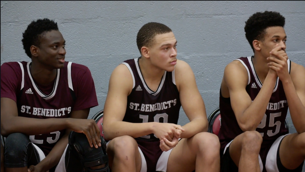 St. Benedict's basketball players, left to right, Mounir Hima, C.J. Wilcher and Almamy Drame (Quibi/Whistle Studios)